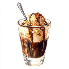Delicious ice cream sundae with chocolate sauce in glass