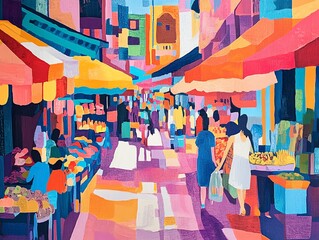 Vibrant market scene with colorful stalls.