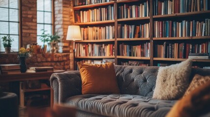 Cozy Living Room with Bookshelf and Comfortable Sofa Setup