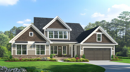 Spacious Two Story Brown House with Stone Accents and Green Lawn