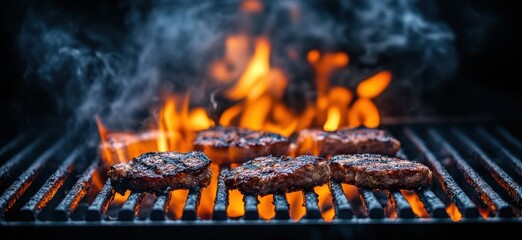 Sizzling steaks grill over bright flames during a lively outdoor cookout in the evening