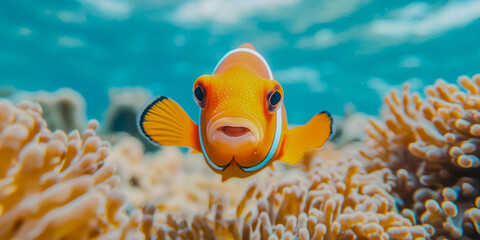 A vibrant clownfish swims among coral, showcasing its bright orange and white colors beneath a clear blue ocean.