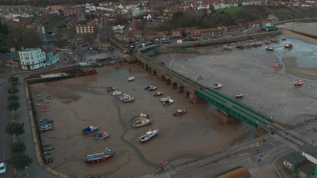 Bay and Harbour area, aerial view in Folkestone UK in the sunset