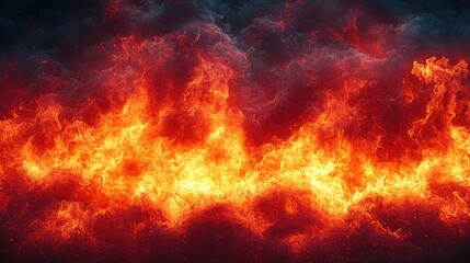 Vibrant flames dance against a dark smoky backdrop, creating a striking display of heat and energy in a chaotic natural scene