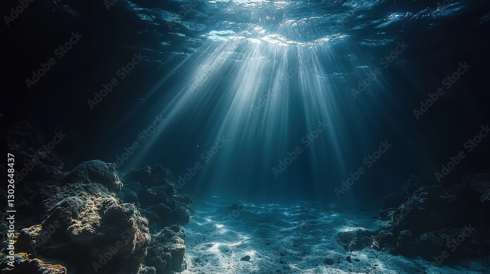 Poster sunlight streams through clear water illuminating the ocean floor with gentle waves and rocky format