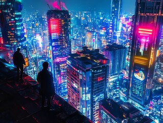 Vibrant city skyline at night, illuminated towers.
