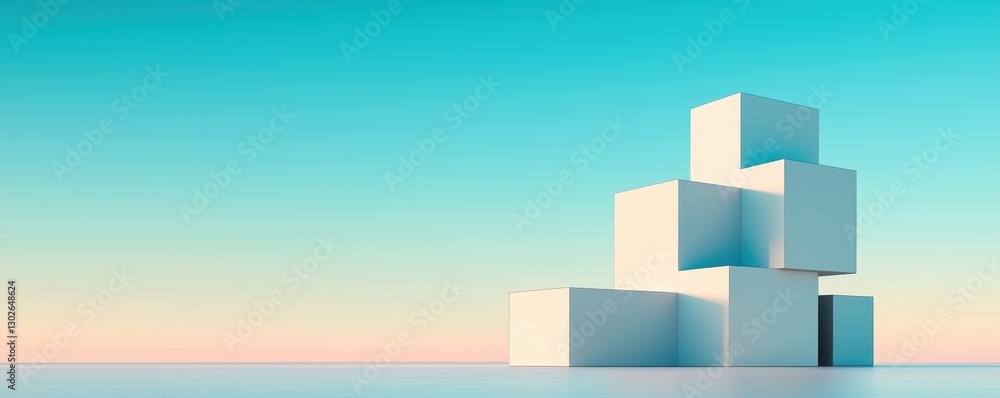Poster abstract geometric structures rise against a gradient sky, blending minimalism and modern art in a s