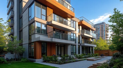 Modern condominium architecture blending with nature in an urban setting