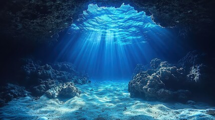 Obraz premium Underwater cave illuminated by sunlight with clear blue water and sandy floor