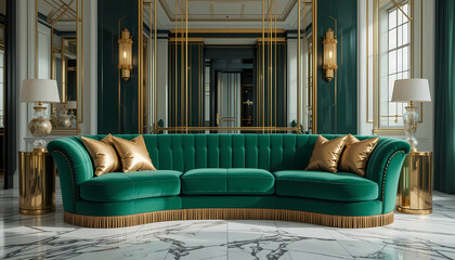 A lavish Art Deco-inspired living room with a curved emerald green velvet sofa, accented with metallic gold throw pillows and a silk fringe trim, placed against a mirrored wall with an elegant marble 