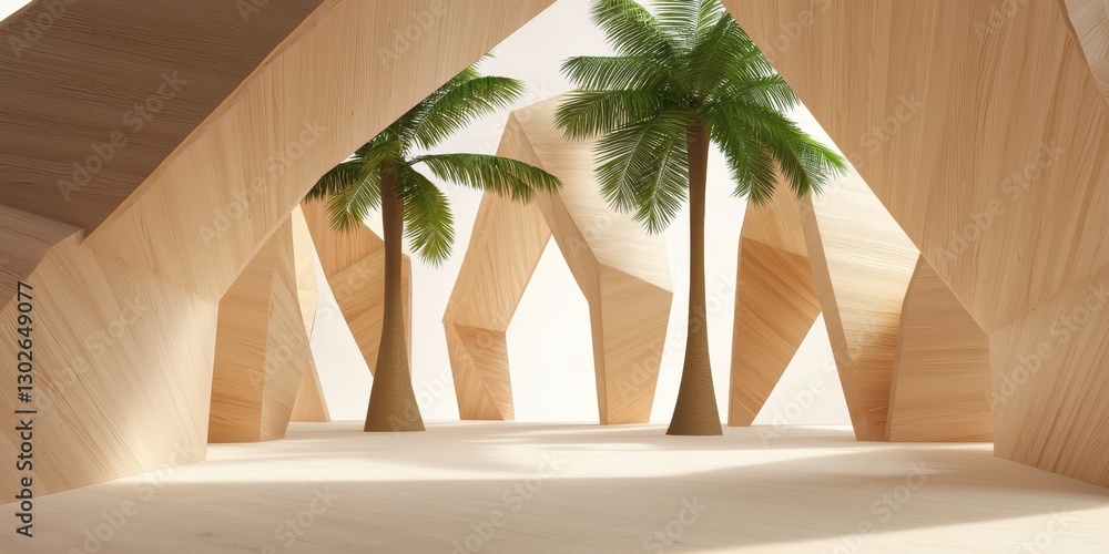 Poster a modern interior space featuring wooden architecture and tropical palm trees, creating a serene and