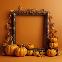 halloween pumpkin frame, Autumnal pumpkin border frame for Halloween decorations on orange background