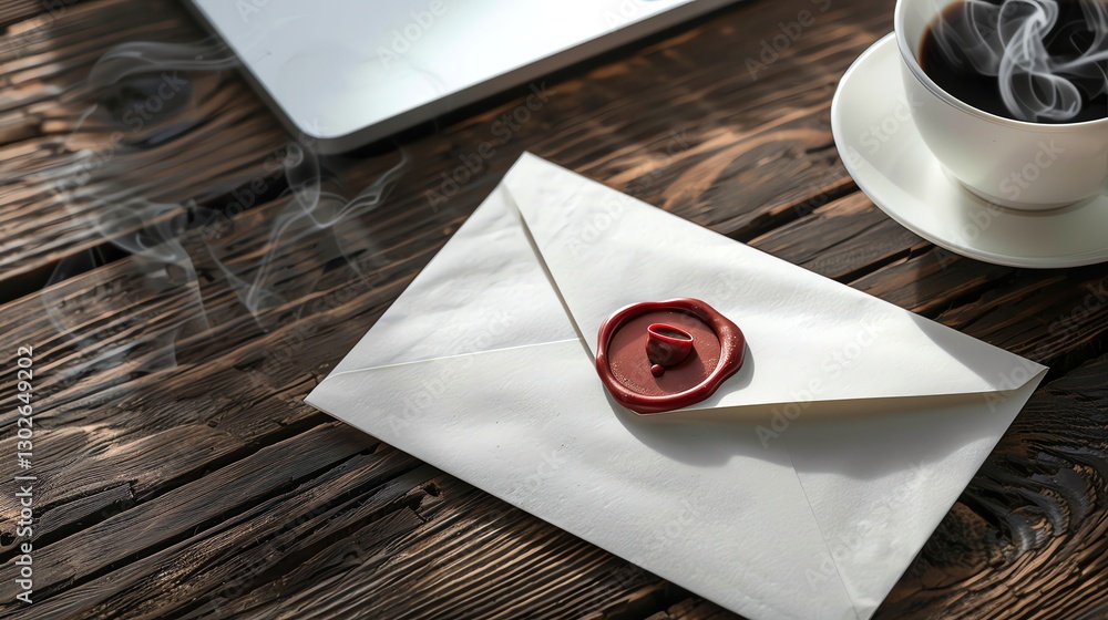 Poster a sealed envelope with a wax seal sits on a table in front of a laptop and a cup of steaming coffee.