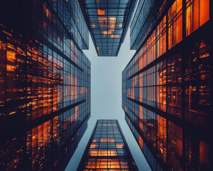 Urban Canyon, Upward Perspective Between Skyscrapers at Dusk
