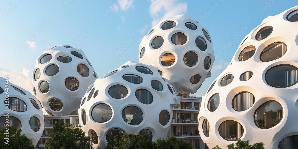 Poster unique, bubble-like structures create an innovative architectural design, featuring circular cutouts