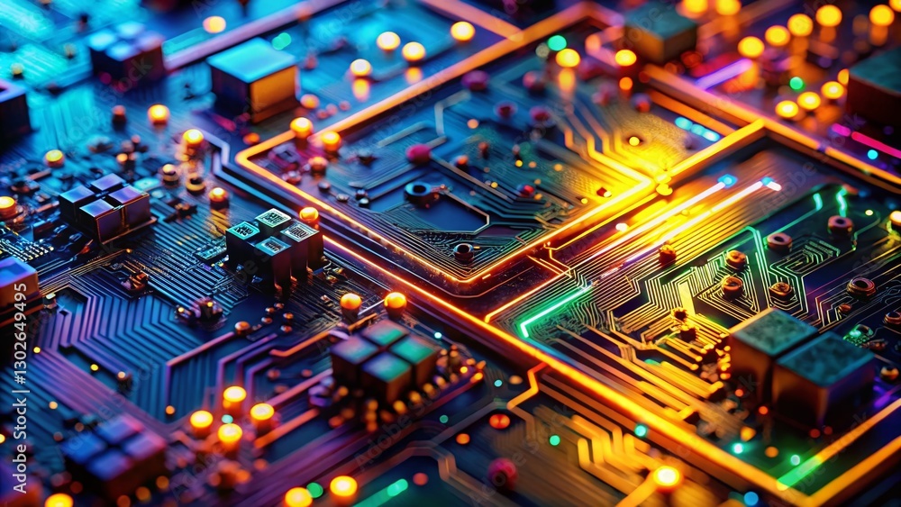 Poster glowing digital circuitry: abstract bokeh background of advanced technology
