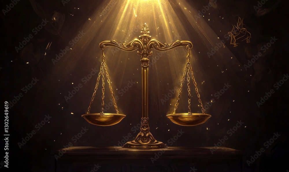 Poster golden balance scale with light rays shining down on it, representing the idea of justice and law in
