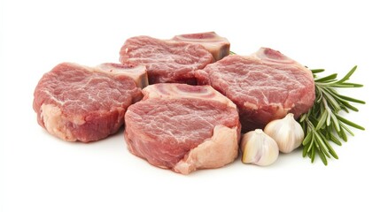 Fresh Pork Chops with Garlic and Rosemary on White Background for Culinary Use