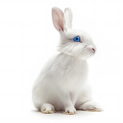 White Rabbit with Striking Blue Eyes Sitting Against a Light Background