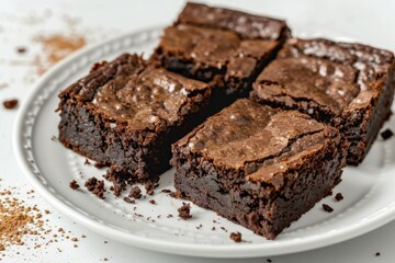 Decadent chocolate brownies on white plate. Neural network AI generated