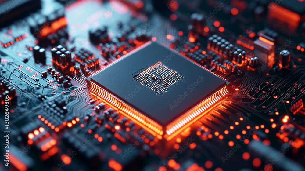 Poster closeup view of a modern powerful computer processor integrated circuit glowing red data system