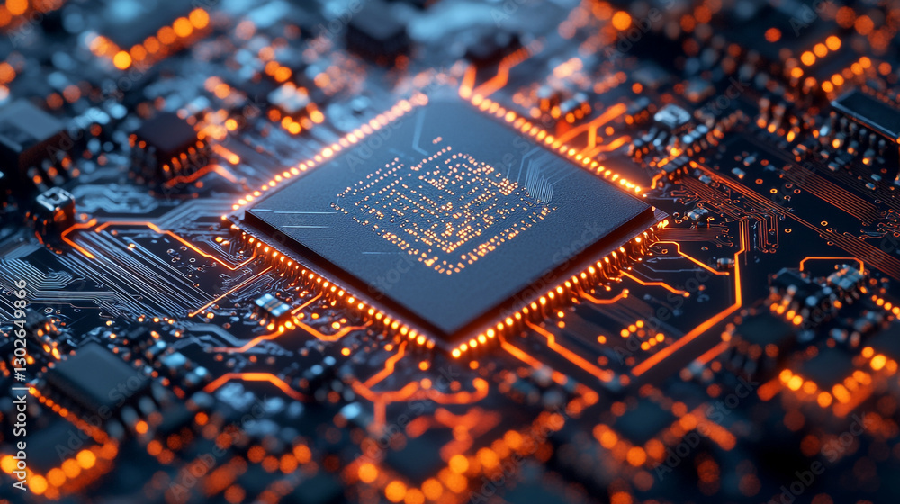 Poster closeup view of a modern computer circuit board with glowing orange lines and a central processor un