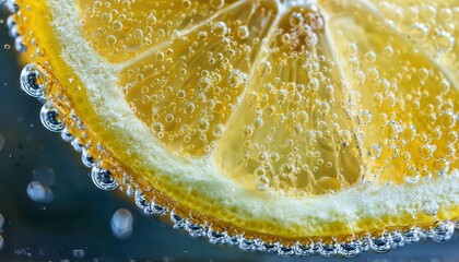 Ultra-macro shot of a lemon slice submerged in sparkling water, emphasizing the effervescent bubbles clinging to the rind and juicy pulp.