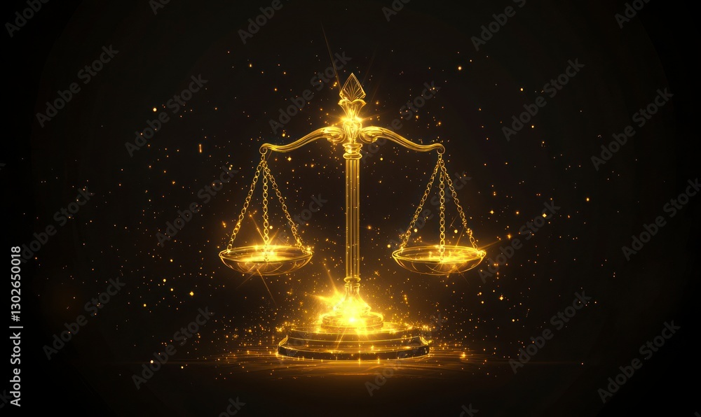Poster golden balance scale with light rays shining down on it, representing the idea of justice and law in