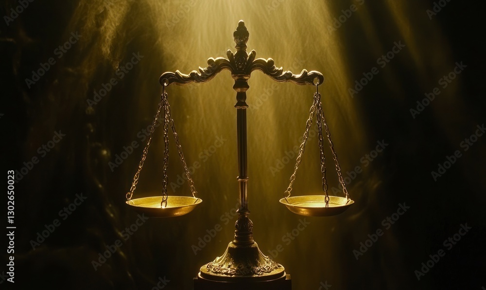 Poster golden balance scale with light rays shining down on it, representing the idea of justice and law in