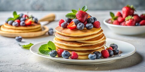 Gluten-Free Pancakes with Berries: Minimalist White Plate Stock Photo