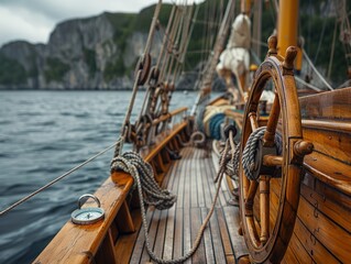 Wooden ship's helm, stormy fjord backdrop