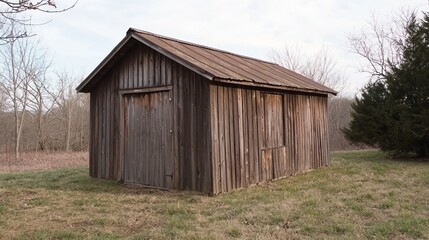 A vintage-looking storage shed made of corrugated wood, set on a farmstead.