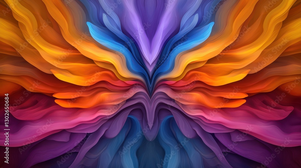 Poster a vibrant abstract design featuring flowing waves of colors like purple, orange, and blue, creating 