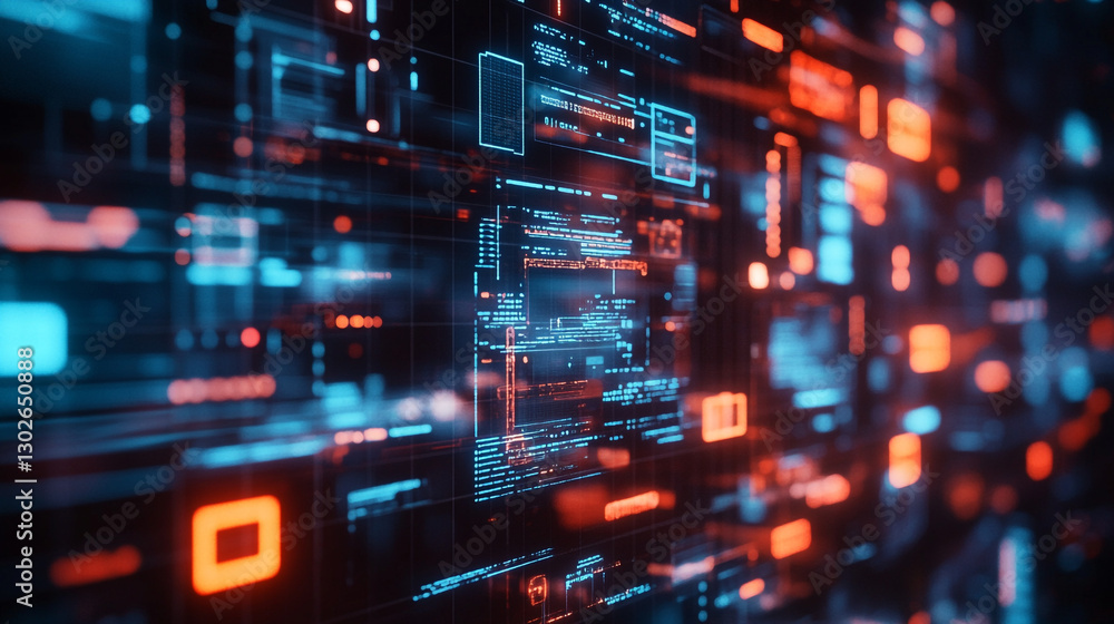 Poster abstract digital technology background with blue and orange glowing data streams and futuristic code