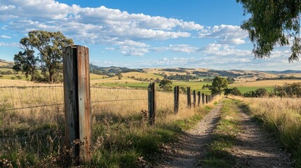 A farm boundary marked by a weathered corrugated fence, with fields in the background.