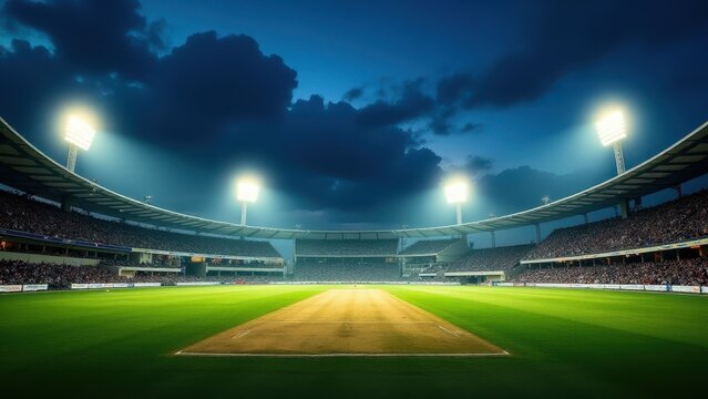 Floodlit cricket stadium, Grand floodlit cricket stadium at night vibrant colors roaring fans upward angle central pitch symmetry
