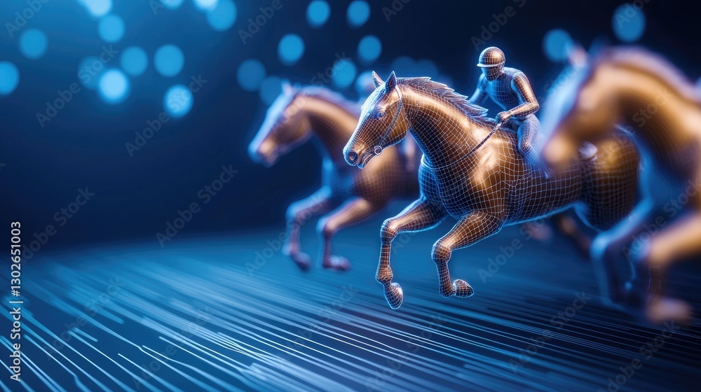 Poster Dynamic horse racing simulation virtual arena 3d animation futuristic environment close-up view motion concept