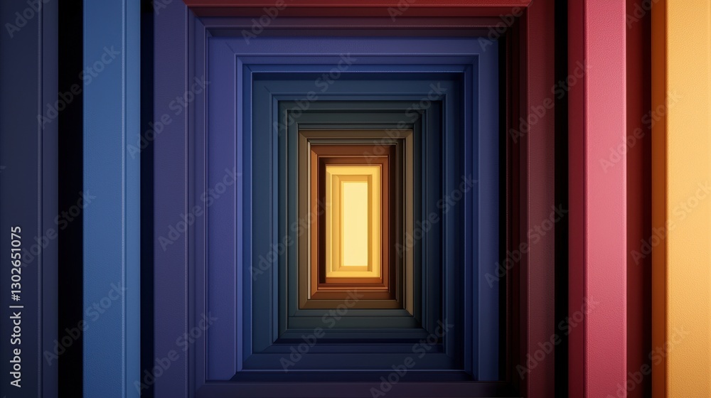 Poster A colorful tunnel of rectangular frames leading to a warm light, creating a sense of depth and perspective.
