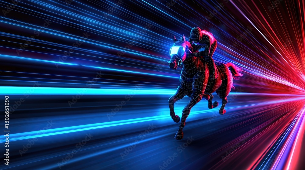 Aufkleber dynamic horse racing event futuristic setting digital art high-speed environment action-packed viewp