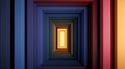A colorful tunnel of rectangular frames leading to a warm light, creating a sense of depth and perspective.