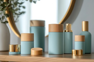 Fototapeta premium Elegant Teal & Wooden Cosmetic Jars, Bottles Mockup on Wooden Shelf
