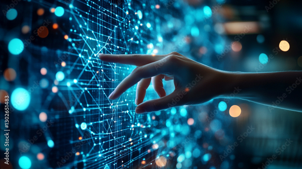 Poster hand interacting with futuristic digital network interface technology web blue data grid dots dark