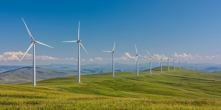 A panoramic view of wind turbines on green hills under a clear blue sky, showcasing renewable energy in a scenic landscape.