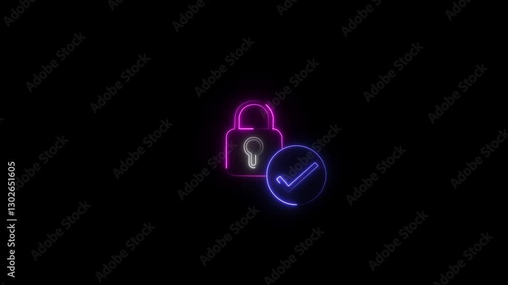 Poster glowing neon line open padlock and check mark icon isolated on black background. cyber security conc