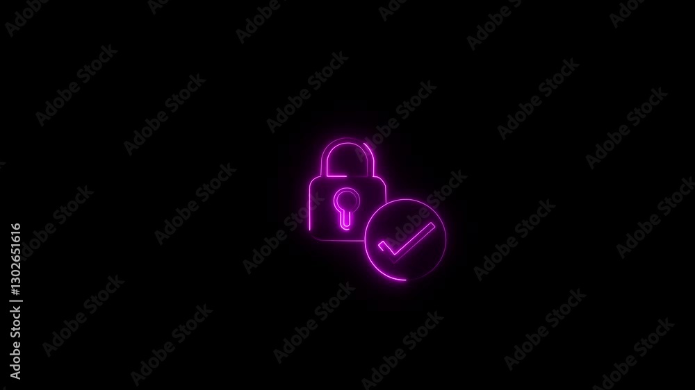 Poster glowing neon line open padlock and check mark icon isolated on black background. cyber security conc
