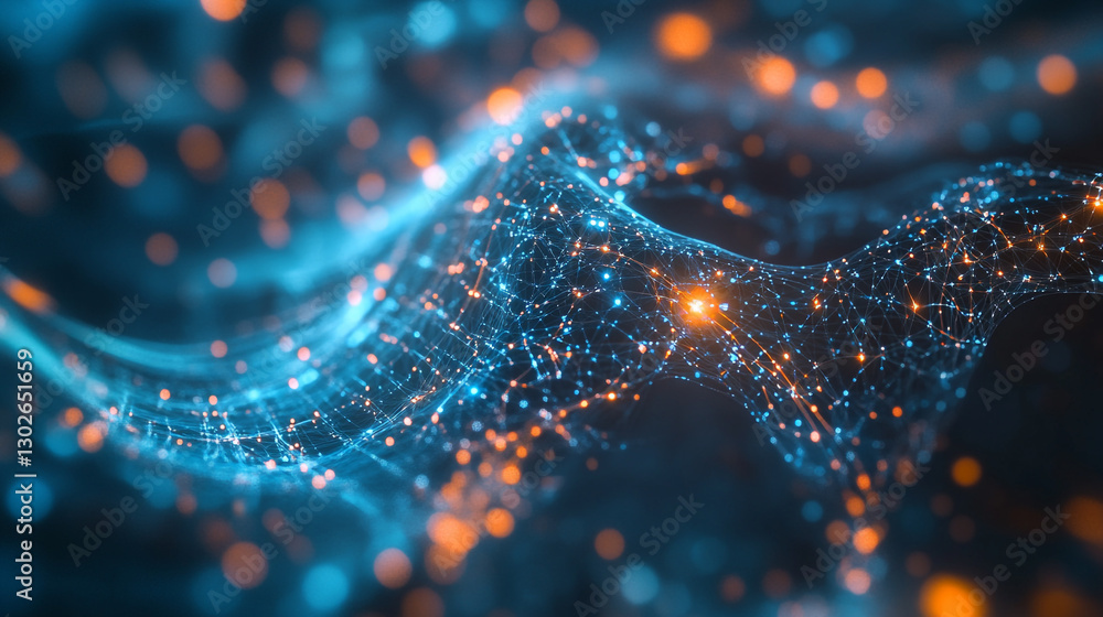 Poster abstract blue orange digital network connection data flow glow wave lines cyber points modern design