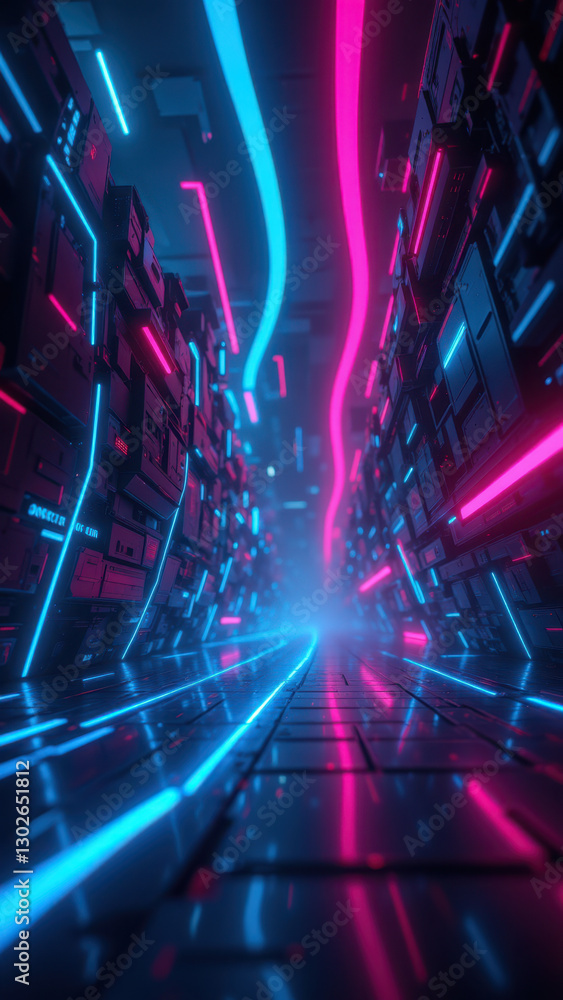 Poster futuristic digital tunnel with glowing blue and pink neon lights, symbolizing data flow and virtual 