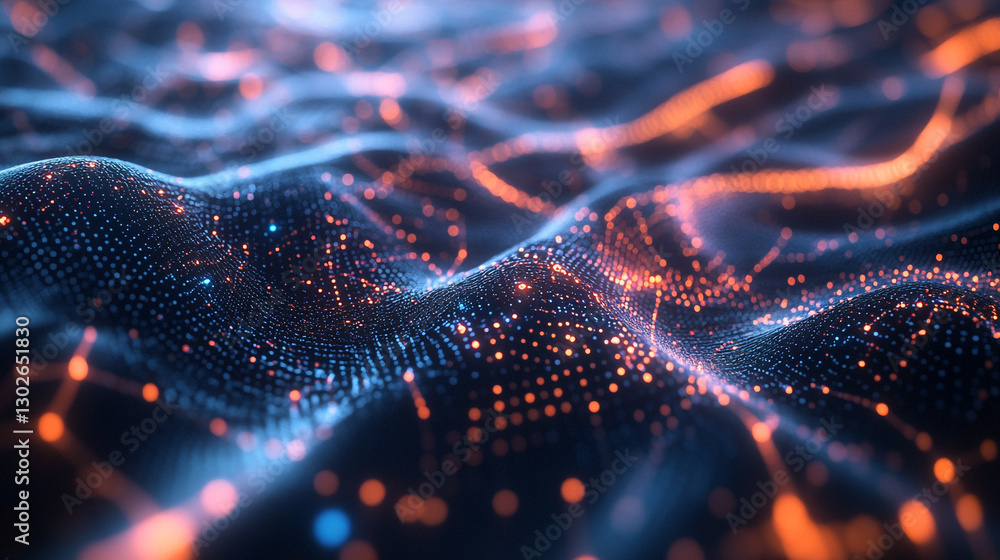 Poster abstract blue and orange digital wave particle background texture glow data light style energy moder