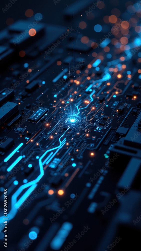 Poster high-tech computer hardware with neon lights highlighting its intricate components.