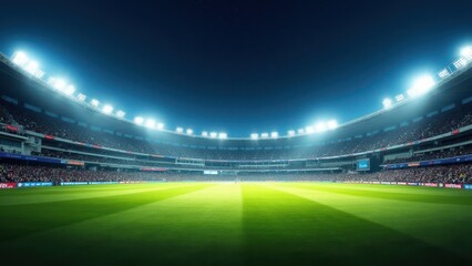 Floodlit Cricket Stadium, Massive cricket stadium at night glowing floodlights dewy field cheering crowds.